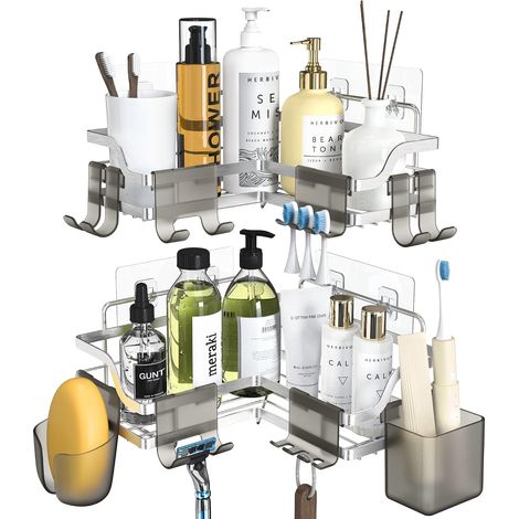 d'angle Etagère Douche Sans Perçage 2 Pièces Rangement Salle de Bain Douche avec 10 Crochets Support Shampoing Auto-Adhésifs Serviteur de Douche Acier Inoxydable étagères de Douche Argent (1/5)