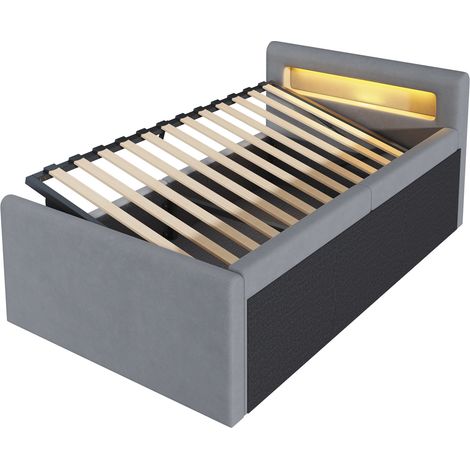 Cama infantil tapizada 90x200 cm con LED, USB, arcón hidráulico, terciopelo gris claro (1/5)
