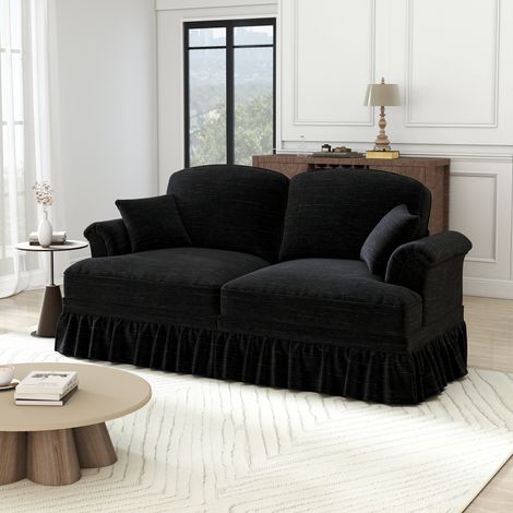 Canapé élégant 2 places style médiéval-moderne,accoudoirs évasés,revêtement amovible,pieds en bois,tissu chenille confortable pour salon,noir