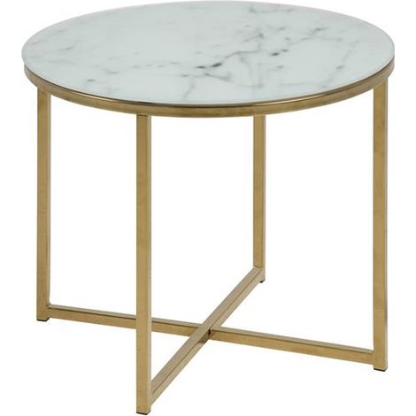 Almaz Ecktisch Ø 50 cm in Glas mit Marmor print und einem Gestell aus goldenen Chrom.