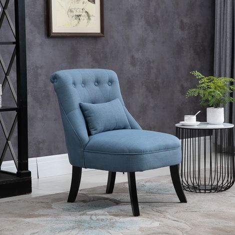 Poltrona da soggiorno, reclinabile, poltrona lounge, poltrona relax con cuscino per lo schienale, gambe in legno, poltrona da lettura effetto lino, poltrona imbottita per camera da letto, blu