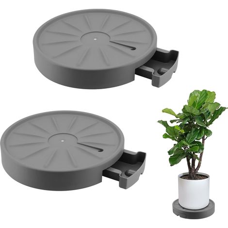 Lot de 2 bacs à fleurs ronds de 33 cm avec roulettes mobiles invisibles, chariot de fleurs avec réservoir d'eau, pour la maison, le jardin, le bureau (gris, Polypropylène, 33 cm, 37 cm, 6 cm) (1/5)