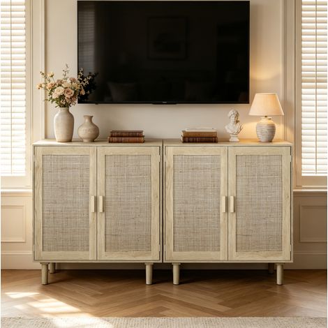 Credenza 80x40x88 cm naturale in MDF e legno massiccio con ante magnetiche e sistema anti-ribaltamento (1/5)