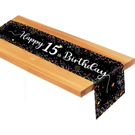 Tischläufer 15. Geburtstag Junge Mädchen, Schwarz mit Punkten, 185x33cm, Wiederverwendbar