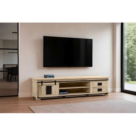 Lowboard Kommode TV-Board mit Schiebetür, 2 Schubfächern & 4 Fächern Akazie massiv eichenfarben 200 x 55 x 50 cm LIBRO (1/5)