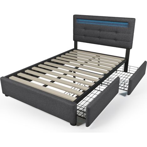 Graues Polsterbett 90x200 cm mit LED, 2 Schubladen, verstellbarem Kopfteil & Matratze (1/5)