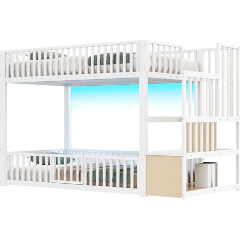 Lit superposé 90x200 avec escalier de rangement, LED, blanc (1/5)
