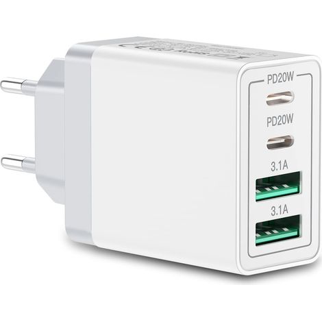 Chargeur USB-C, chargeur multiple 4 ports avec USB-C et USB-A, chargeur rapide 40 W PD 3.0, adaptateur secteur USB pour iPhone 16, 15, 14 Pro Max, 13, 12, 11, SE 2020, XS, XR, 8, 7, Samsung et autres 