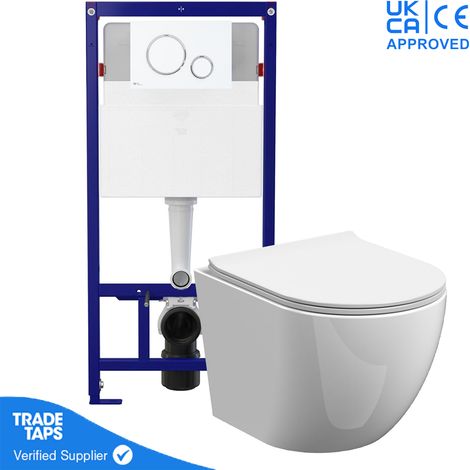 Rimless Wall Hung Toilet Pan with 1.12m Concealed Cistern Frame Dual Flush Plate - Gloss White Chrome Dual Flush Plate (1/5)