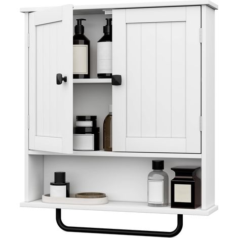 Armoire de salle de bain, murale, avec porte-serviettes, 56 x 13 x 65 cm, armoire de rangement au-dessus des toilettes, avec 2 portes et étagère réglable, blanche (1/5)