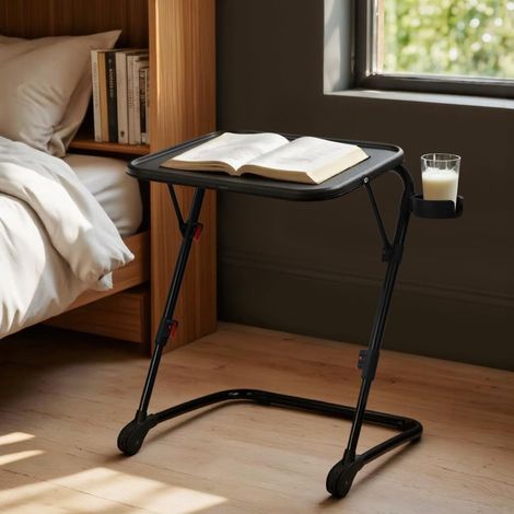 Meuble Cosy Table de Chevet Pliante, Table de Nuit Compacte avec Porte-Gobelet et Cadre Stable, Gain de Place, pour Chambre, Noir (1/5)