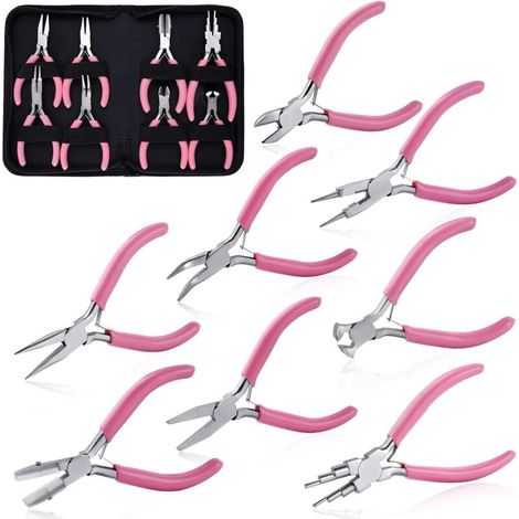 Jewelry Pliers Set of 8, Jewelry Making Tools, Flat Jaw Nylon Pliers with Smooth Jaw, Long Curved Cut, Round, 6 in 1 Wire Wrapping Pliers for Beading (1/5)
