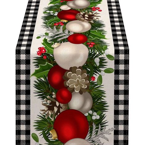Chemise De Table - Lin - Motif Carreaux Buffalo Blanc Et Noir - 183 X 33 Cm - Pour Décoration De Table De Noël Et Hiver Intérieure Extérieure - 1 Pièce (1/5)