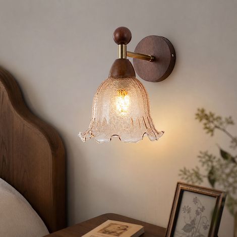 Applique murale style vintage bois de noyer et verre, E27, 26x15cm, luminaire intérieur design pour chambre et salon (1/5)
