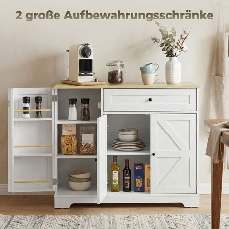 Buffet armoire de cuisine style rustique avec portes coulissantes, 1 tiroir, 2 étagères réglables, étagères de porte (1/5)