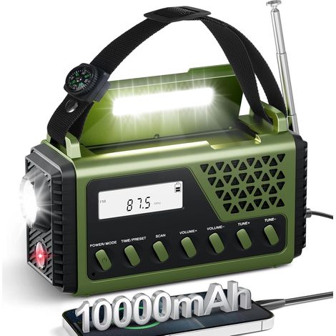 Radio Portable Vert, FM/AM/SW Radio Solaire Dynamo Manivelle avec 10000mAh Piles Rechargeables Boussole SOS Alarme Chargeur de Téléphone USB Lampe de Poche pour Cadeau Camping Kit Survie (1/5)
