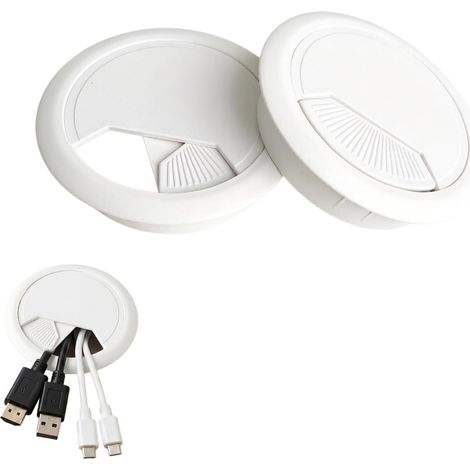 Lot de 2 Passe-Câble de Bureau Blancs - Passage de Câble Bureau 60 mm, Plastique Solide, Couvercle Ajustable, Installation Facile pour Ranger Câbles Électriques (1/5)