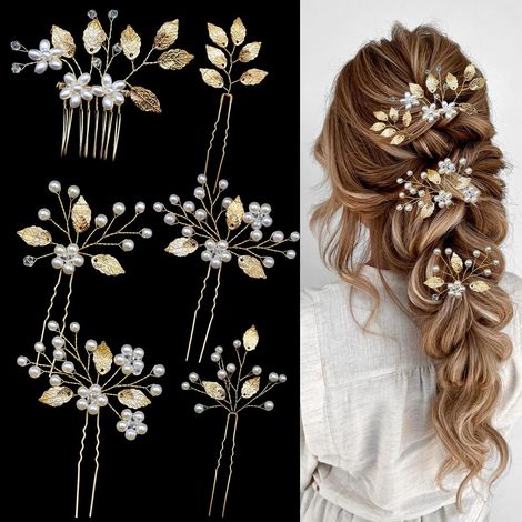 Juego de 6 pinzas para el cabello de boda, pinza para el cabello de hojas doradas para fiestas, tocado de flores de perlas de cristal, accesorio vintage para el cabello de boda (1/4)
