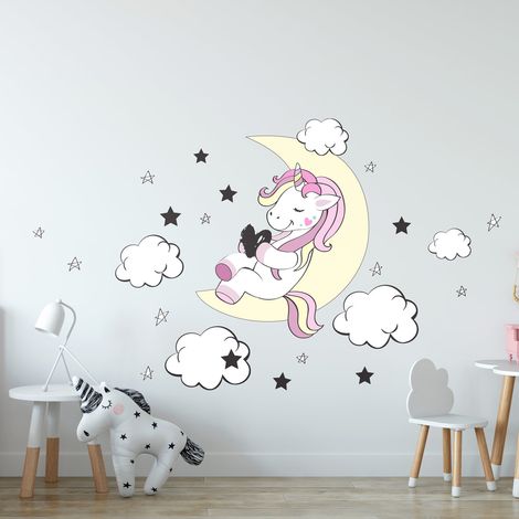 Stickers muraux Sticker Mural Autocollant - LICORNE AMI DE LA LUNE ET DES ÉTOILES - Stickers adhésifs - 150x100cm (1/5)