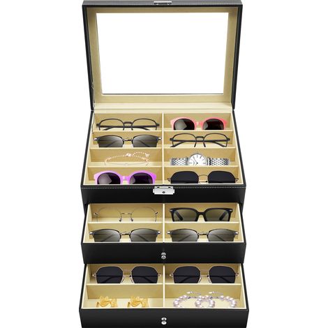 24-compartiment vitrine de lunettes 3 niveaux de verres de soleil de stockage organisateur boîte verrouillable collection titulaire pour bijoux lunettes et montres - couverture en verre transparent, n (1/5)