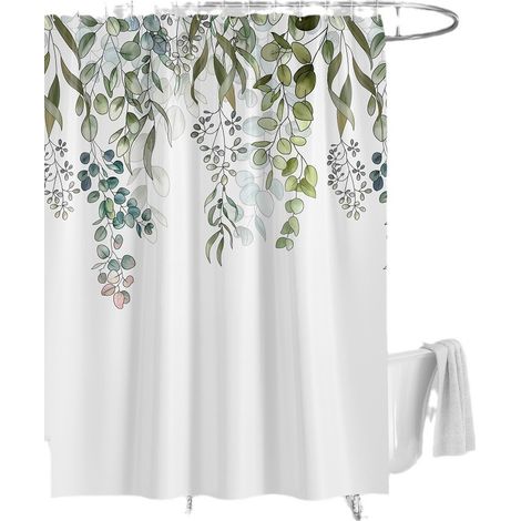 1 Rideau de douche, polyester imperméable, motif feuilles vertes et blanches, anti-moisissure, 120x200cm, salle de bain (1/5)