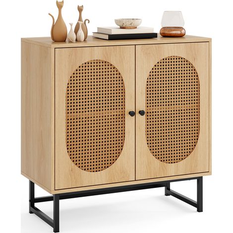 COSTWAY Rattan Buffet Cabinet 2 Doors Sturdy Metal Legs Adjustable Shelf Living Room Natural (1/5)