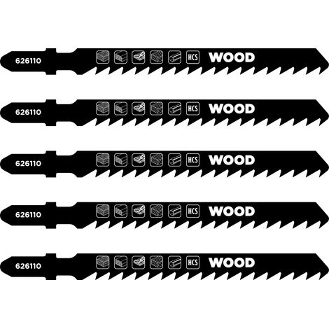 kwb 5x Stichsägeblätter für Holz, extra grob, 100 mm (geeignet für Hartholz, Weichholz, Tischlerplatten, Kunststoffe, Spanplatte beschichtet, HCS-Kohlenstoffstahl, gehärtete Zähne, polierte Oberfläche (1/2)