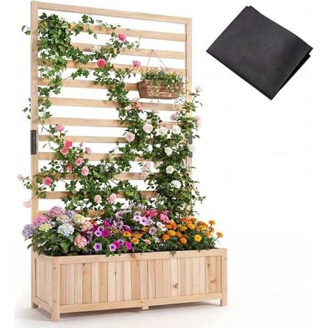Jardinière surélevée naturelle en épicéa avec treillis, bac avec drainage et écran d'intimité pour balcon, terrasse et jardin (1/4)