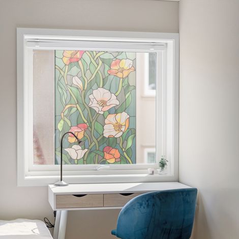 Stickers décoratifs électrostatique, fleurs printanières, effet vitrail, 68 cm X 48 cm (1/5)