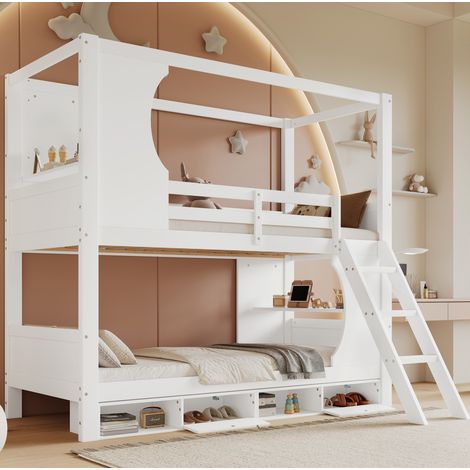Letto a castello bambini 90x200 cm con sponda di sicurezza, ripiani portaoggetti, portascarpe e scala, in legno, senza materasso, bianco (1/5)