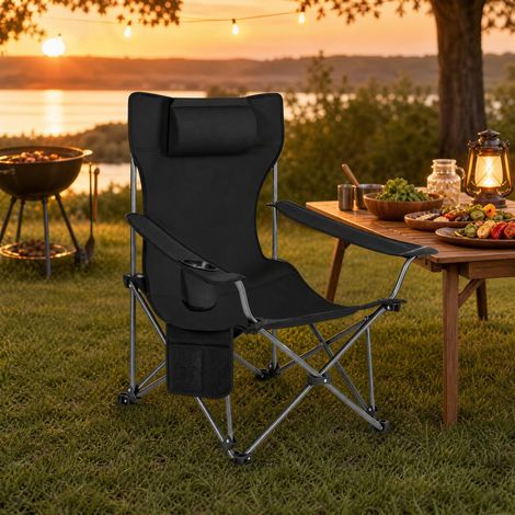 Silla de camping plegable, respaldo ajustable, reposapiés extraíble, reposacabezas, tejido Oxford y acero, negro (1/5)