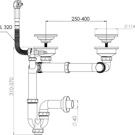 Cuisissimo – Vidage machine à laver pour évier inox NINO 2 bacs 120 cm – Siphon gain de place – Diamètre de sortie 40mm