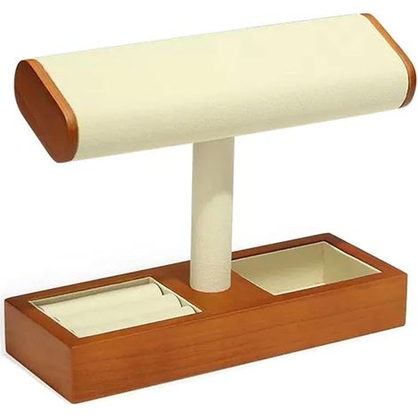 présentoir à bijoux, rangement pour colliers, présentoir à bijoux avec support en forme de T et plateau pour boucles d'oreilles, organisateur en velours, 20 x 7,5 x 16 cm, blanc (1/4)