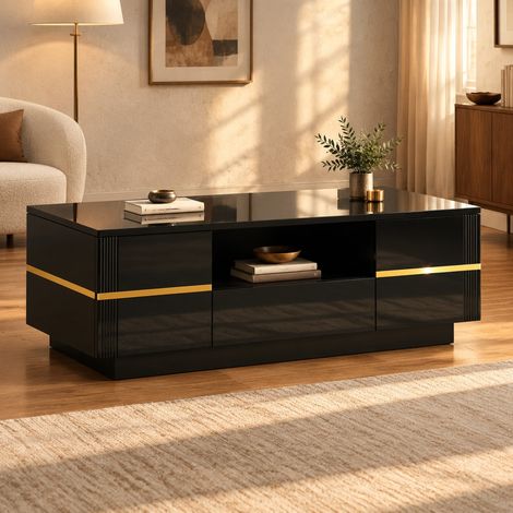 Tavolino da caffè con contenitore, 2 ante, cassetto e vano aperto, MDF nero e oro 100 cm (1/5)