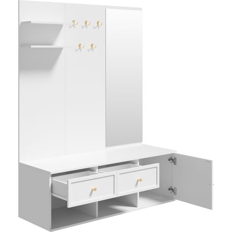 Conjunto de recibidor con espejo, perchero de pared, banco y almacenaje blanco 120x35x159 cm (1/5)