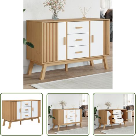 The Living Store Buffet OLDEN blanc et marron 114x43x73,5 cm bois massif de pin - Buffet - Armoire De Rangement - Meuble Tv - Mobilier Scandinaves - Meuble De Salon (1/5)