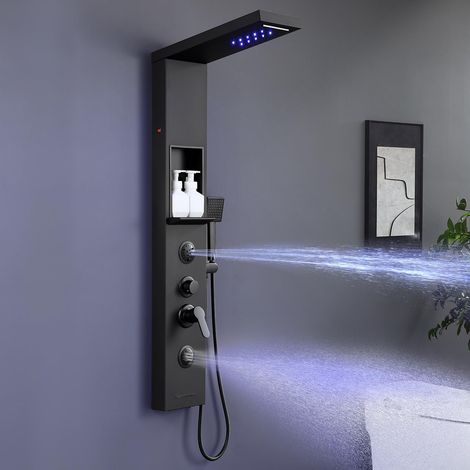 Panneau de douche LED avec robinet et étagère, noir, colonne de douche 6 fonctions, douche pluie et cascade, buse de massage 2 modes, douchette à main et bec de baignoire cascade, acier (1/5)