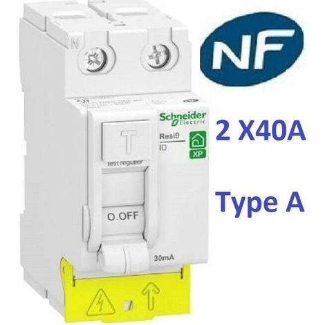 Disjoncteur 1P+N 2A - 10A - 16A - 20A - 32A et Interrupteur dif A ou AC 2x40A ou 2x63A Schneider Rési9-XP Matériel: Inter Diff A 2x40A