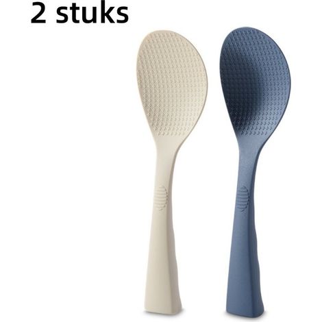2er-Set Reislöffel – Antihaftbeschichtung aus lebensmittelechtem Silikon – Reiskochergeeignet – Hitzebeständiges Servierbesteck – Spülmaschinenfest – Wandhaken – 24,5 x 7,3 x 3 cm – Blau und Weiß (1/5)