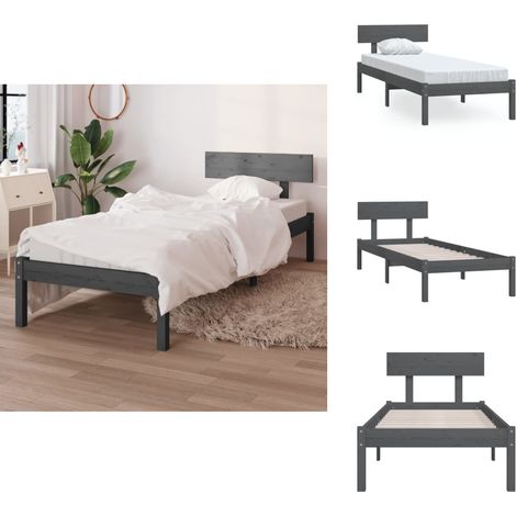 Cadre de lit sans matelas gris bois de pin massif - Cadre De Lit - Lit Simple - Lit En Bois - Bois De Pin - Tête De Lit (1/5)