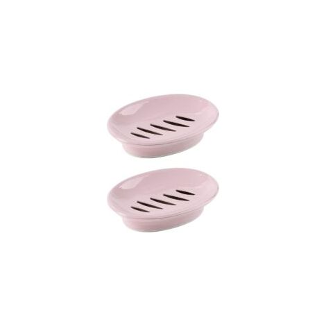 Zwei rosafarbene Seifenschalen, je 15,5 x 11 cm groß, mit Abflussrohr, Kunststoff-Schwammhalter und schützender Seifenablage. – Crezuo