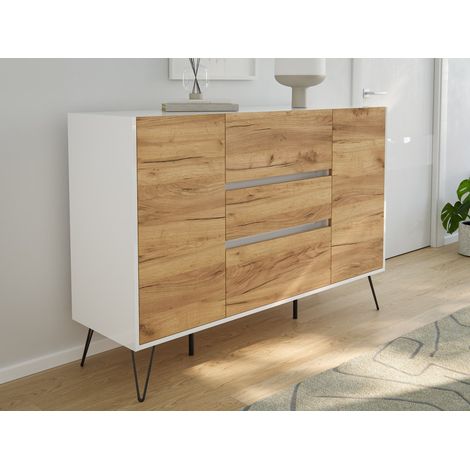 Sideboard Kommode Daro 140cm Greifraum 3 SoftClose 2 Türen Weiß/Eiche Front (1/5)