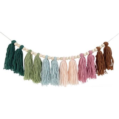 Decorazione da parete boho color arcobaleno con perline e nappe in legno. Ghirlanda di nappe colorate in tonalità pastello per camerette, aule scolastiche, camere da letto e altro ancora. (1/5)