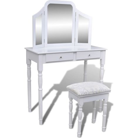 Schminktisch mit 3-in-1 Spiegel und Hocker 2 Schubladen Weiß