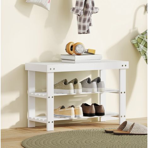 Meuble chaussures en bambou avec 2 étagères, banc d'entrée 70 x 28 x 45 cm, blanc DESVIAE (1/5)