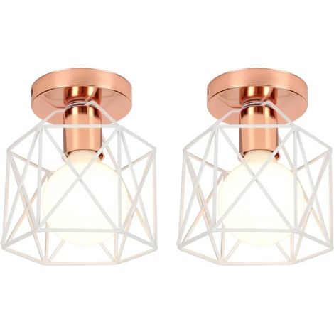2pcs Plafonnier Industrielle,Lampe de Plafond Vintage Abat-jour en Cage Carré 15cm Luminaire Fer Rétro Style Edison,Blanc (1/5)