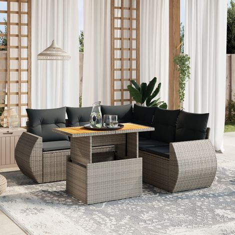 Salon de Jardin 6 Places en Résine Tressée Gris avec Coussins, Table à Hauteur Réglable, Ensemble Modulaire et Durable pour Terrasse (1/3)