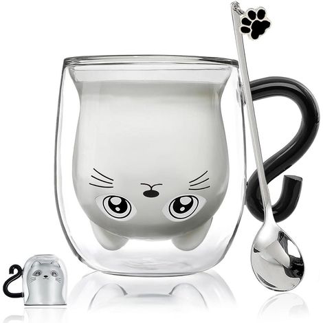 Doppelwandiges Kaffeeglas mit Katzenmotiv und Glitzer, 230-280 ml (1/5)
