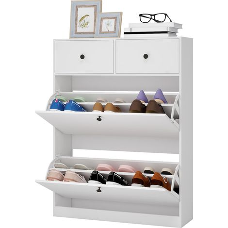 Puluomis – Meuble à chaussures avec 2 tiroirs et étagères réglables – Protection anti-basculement – Dimensions 80x24x106cm – Blanc (1/5)