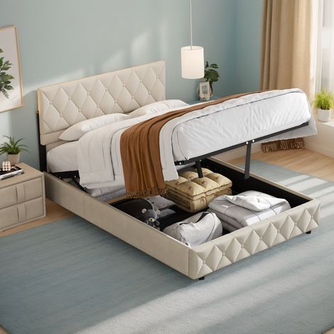 Lit 160x200 cm Rembourré Velours Beige, Design Intemporel Moderne, Structure Stable avec Lattes Bois, Capacité 250 kg - Confort Optimal (1/5)